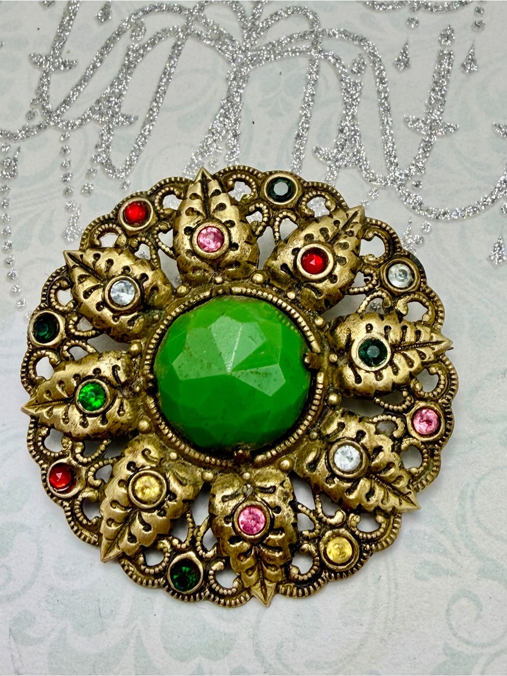 Vintage Czech Green Gem Floral Brooch #cz774